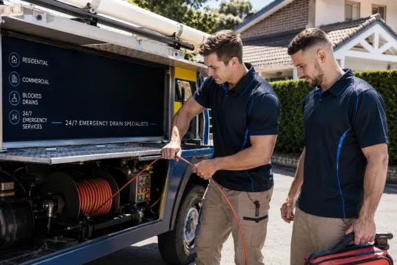 Two plumbers working on a blocked drain in Hinchinbrook