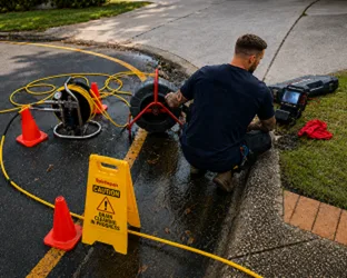 Plumber checking a blocked drain on a Hinchinbrook job